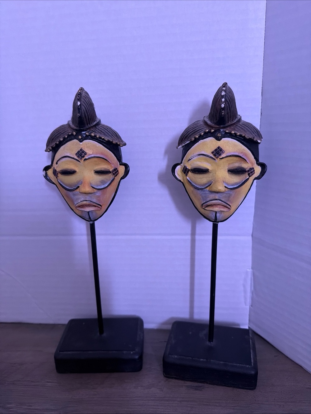 Pair of Decorative Tribal Mask Statuettes in Yellow and Black